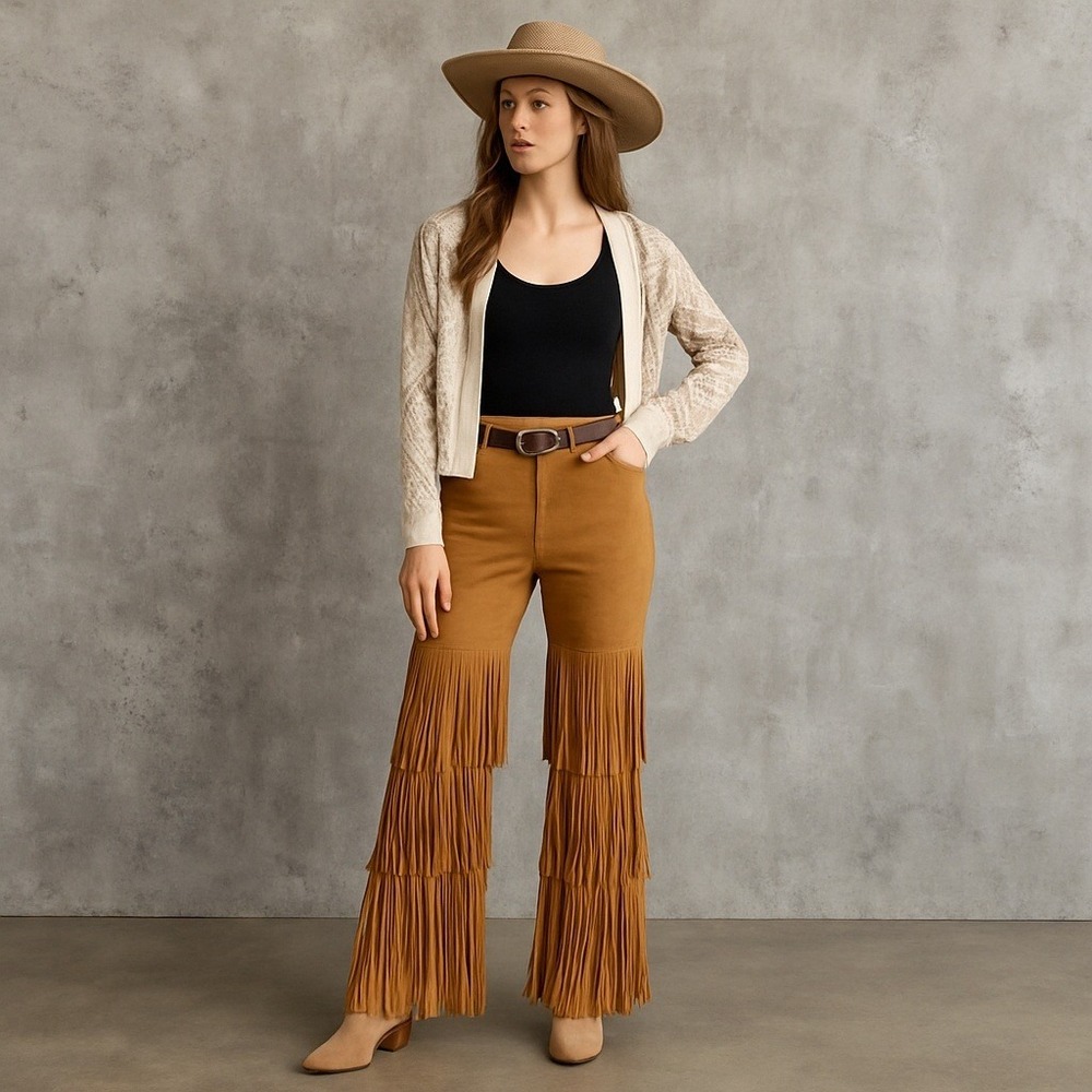 Vocal Suede Fringe Pants Camel Brown Size‎ S Western Boho Festival Flare Leg USA